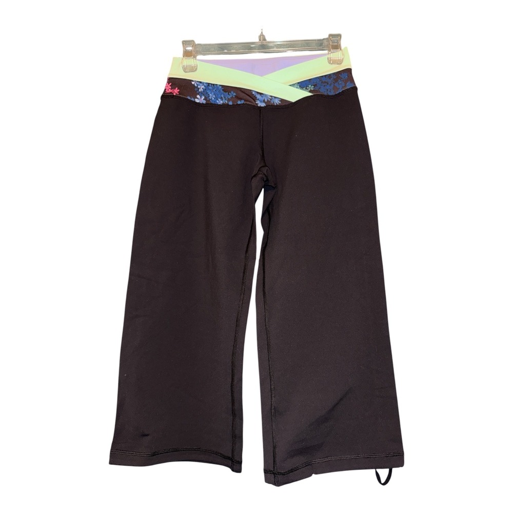 Lululemon Athletica Dharana Crop Pants Floral Waist Black 6 Wide Leg Vtg